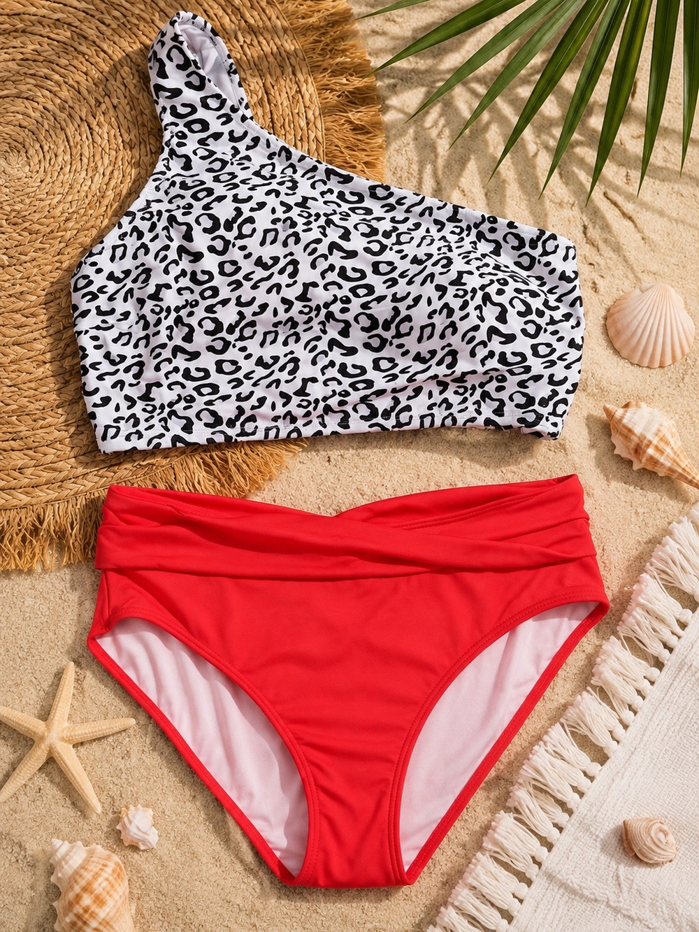 Ladies One-Shoulder Leopard Print & Red Bikini Set